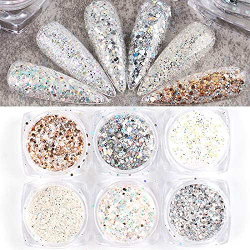 Laser Nail Glitter Sequins 3D Holographic Nail Art Powder Flakes 6 Boxes Brown Silver White Confetti Paillette Nail Art Supplies Bronzing Silver Nail Art Decoration Manicure Tips Nail Beauty Charms