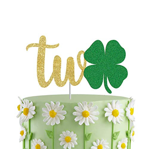 Shamrock Two Cake Topper- 2nd Birthday Cake Decorations- St Patricks Day Second Birthday- Smash Cake Photos-Clover Gold Green Glitter Party Decorations