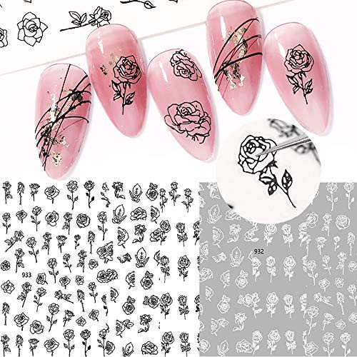Flowers Nail Decals- 3D Self-Adhesive Black White Rose Nail Stickers French Hollow Flower Nail Art Design Manicure DIY Nail Decoration for Acrylic Nails -6Sheets- Flowers Nail Decals- 3D Self-Adhesive Black White Rose Nail Stickers French Hollow Flower Nail Art Design Manicure DIY Nail Decoration for Acrylic Nails -6Sheets-