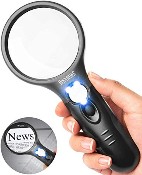 RockDaMic Magnifying Glass with Light- Magnifying Glasses- Handheld Lighted Magnifier for Reading- Jewelers- Coins and Stamps -3X-