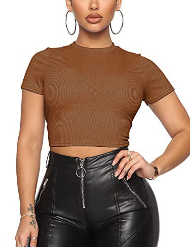 Cuihur Women's Casual Short Sleeve Mock Neck Crop Top Slim Fit Ribbed Knit T Shirt Soild Basic Tee Tops Caramel S