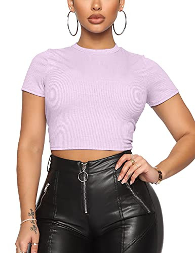 Cuihur Women's Casual Short Sleeve Mock Neck Crop Top Slim Fit Ribbed Knit T Shirt Soild Basic Tee Tops Lavender S