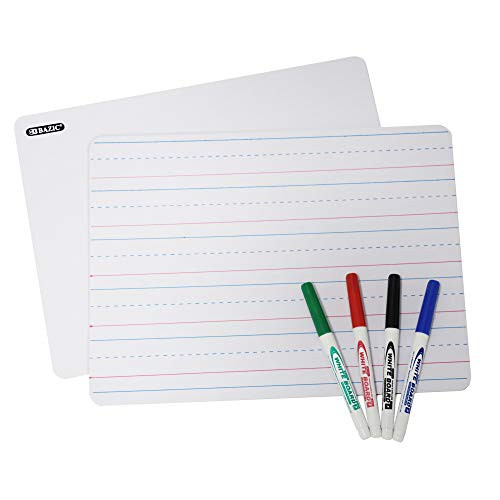 BAZIC Dry Erase Lap Board Plus 4 Classic Color Marker- Double Sided Whiteboard Primary Ruled Lined  and  Blank with White Board Markers- Great for Kids Learn Draw at Home School- 1-Pack