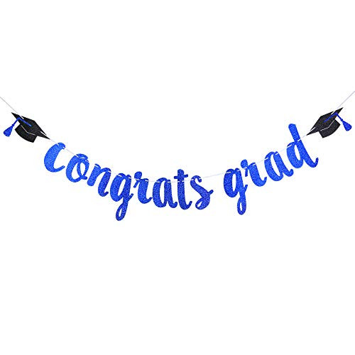 Congrats Grad Banner Blue Glitter - 2021 Graduation Party Supplies-Congrats Grad Decorations-2021 Graduation Blue Decorations