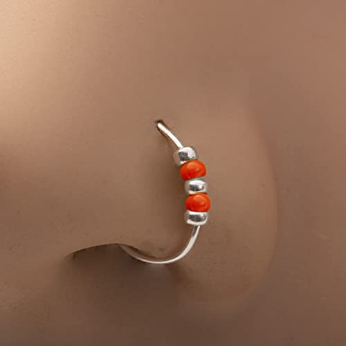Fake Clip-On Nose Ring 24g Orange Beads - 925 Sterling Silver Hoop - Turquoise Bead - Faux Nose Hoop - No Piercing Needed Beads