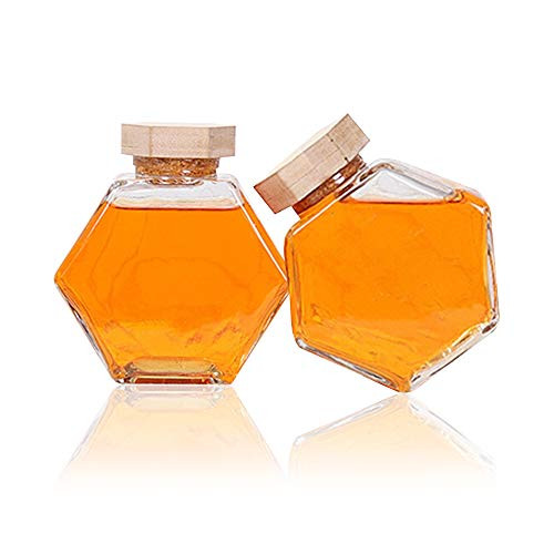 Set of 2 Glass Honey Jar/Pot -Honey Dispenser with Wooden Dipper  and  Cork Lid Cover- 380ML Capacity
