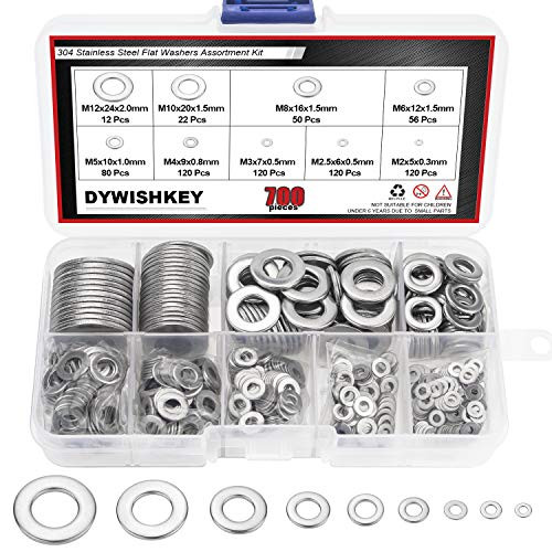 DYWISHKEY 700Pcs 9 Sizes Stainless Steel Flat Washers Assortment Kit (M2 M2.5 M3 M4 M5 M6 M8 M10 M12)