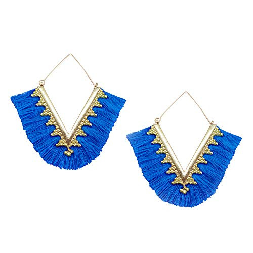 Statement Tassel Earrings- Delicate Bohemian V Shap Tassel Hoop Earring Elegant Fringe Drop Dangle Earrings for Women Girls -Royal Blue-