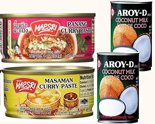 2 cans Maesri Thai curry pastes -4 Oz- and 2 cans Aroy-D Coconut milk -5.6 Oz- Value Bundles -Medium Spicy -Panang Plus Masaman Curry-