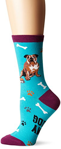 K. Bell Women's Dog Lover Novelty Casual Crew Socks- English Bulldog -Teal-- Shoe Size- 4-10