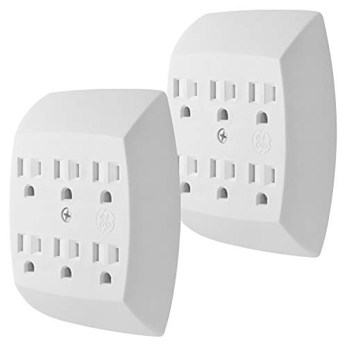 GE 6-Outlet Wall Tap 2 Pack- Grounded Adapter- Charging Station- 3-Prong- Secure Install- UL Listed- White- 46852