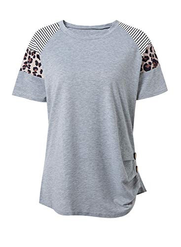 Women Casual T Shirts Loose Round Neck Short Sleeve Buttons Tunic Blouse Tops-Gray-L-