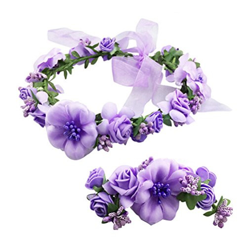 Frcolor Flower Wreath Crown Wristband-Adjustable Floral Headband Garland for Wedding Festival Party 2Pcs-Purple-