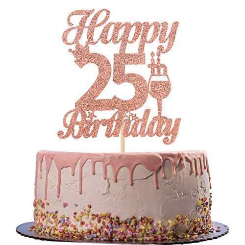 Rose Gold Glitter Happy 25th Birthday Cake Topper - Cheers to 25 Years Old Cake Decor - 25th Birthday/Anniversary Party Decoration Supplies Rose Gold Glitter Happy 25th Birthday Cake Topper - Cheers to 25 Years Old Cake Decor - 25th Birthday/Anniversary Party Decoration Supplies