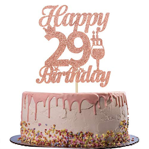 Rose Gold Glitter Happy 29th Birthday Cake Topper - Cheers to 29 Years Old Cake Decor - 29th Birthday/Anniversary Party Decoration Supplies