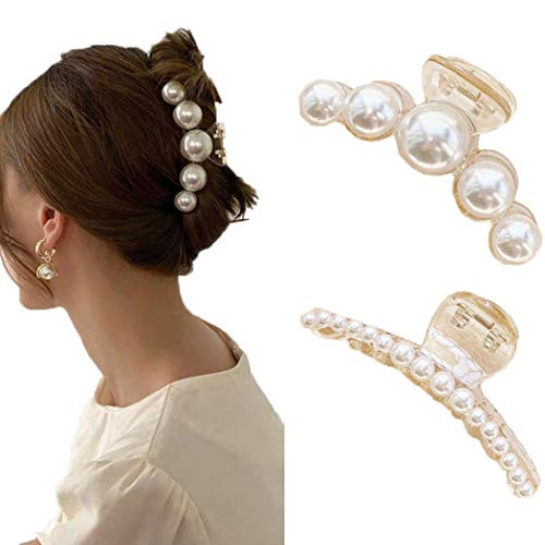 JONKY Pearl Hair Claw Clips Daily Hair Claw Clamp Non-slip Hair Jaw Clip Hair Catch Barrettes Hair Pieces Hair Clamp for Women and Girls -pack of 2-