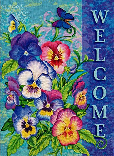 Dyrenson Welcome Quote Garden Flag Double Sided Home Decorative, Pansies Flower House Yard Flag, Floral Garden Yard Decorations, Butterfly Seasonal Outdoor Flag 12 x 18 for Summer Spring