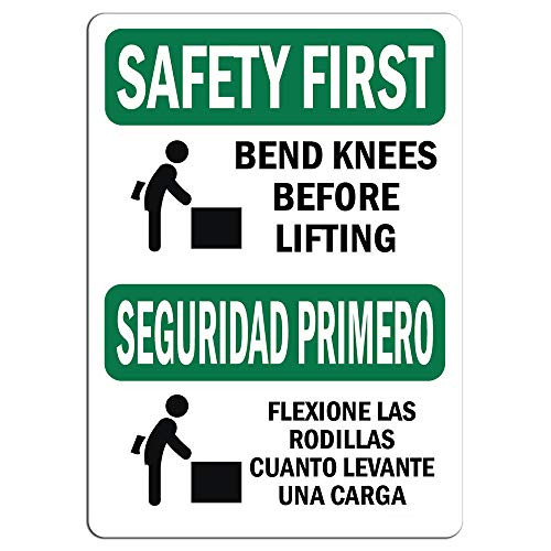 Safety First Sign - Bend Knees When Lifting Bilingual |   Label Decal Sticker Retail Store Sign Sticks to Any Surface 8inch