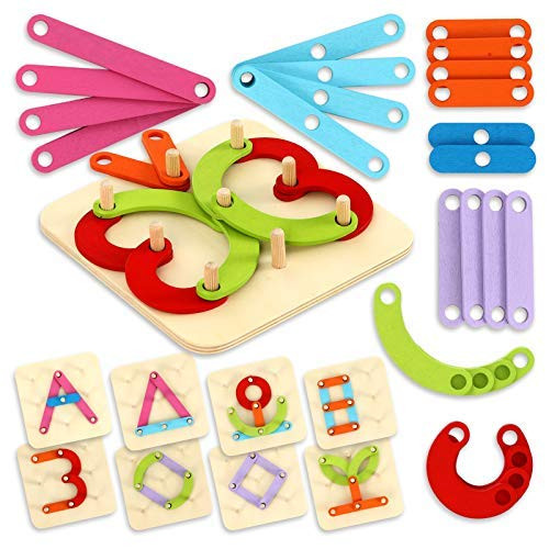 Wooden Letter Number Construction Puzzle Set Educational Building Blocks Toy for Toddlers- Color Shape Recognition Pegboard Sort Geo Board- Preschool Learning Toys for Kids- Boys and Girls