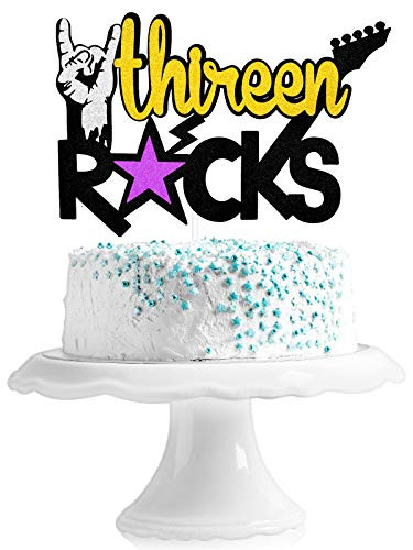 Thirteen Rocks Birthday Cake Topper - Rock and Roll Music Theme Party Glitter Guitar Cake Decor - Rock On 13th Birthday Party Decoration