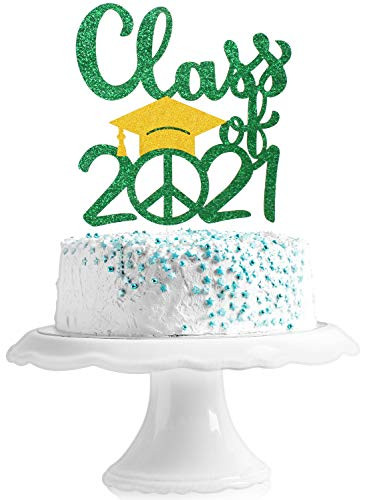 Class Of 2021 Peace Graduation Cake Topper - Senior 2021 Green Glitter Grad Cap Cake Sipplies - Congrats Grad College Master Graduation Party Decoration