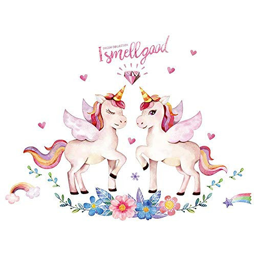 ELOOR Unicorn Wall Decal Girls Nursery Bedroom Flowers Wall Sticker Girls Wall Decals Removable Peel  and  Stick Wall Decals Peel and Stick Wall Decals-2-