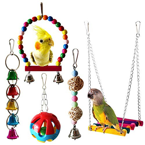QUMY 5pcs Bird Parrot Toys Hanging Bell Pet Bird Cage Hammock Swing Toy Wooden Hanging Perch Toy for Small Parakeets Cockatiels- Conures- Macaws- Parrots- Love Birds- Finches -A-