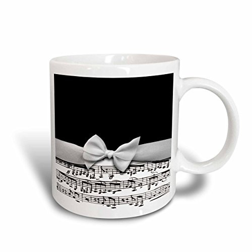 3dRose mug_123130_2"Stylish musical notes faux ribbon and bow black and white sheet music" Ceramic Mug, 15 oz, White