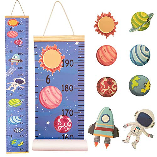 Atomcool Child Growth Chart- Baby Growth Chart Kids Height Wall Chart- Removable Hanging Height Measurement Wall Ruler- Wood Frame Fabric Canvas Height Chart for Boys Girls -Planet Pattern-
