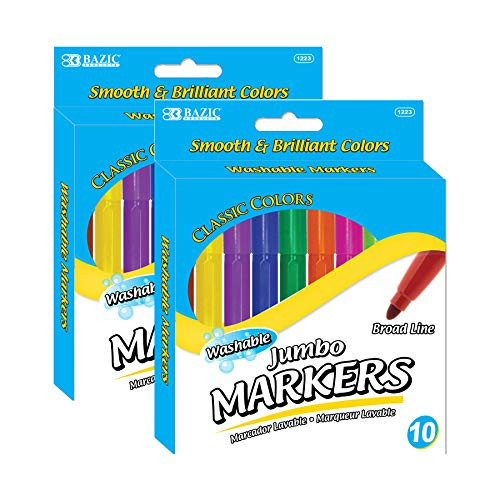 BAZIC Washable Markers Broad Line 10 Color Jumbo Size Coloring Marker- Non Toxic Marcadorc Art School Supplies- Gift for Kids -10/Pack-- 2-Packs