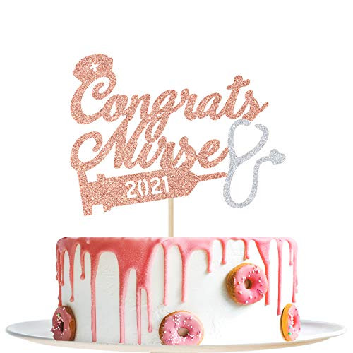 Rose Gold Glitter Congrats Nurse 2021 Cake Topper - 2021 Nurse Congrats Grad Cake Topper - RN Garland Medical School Graduation Party Decorations