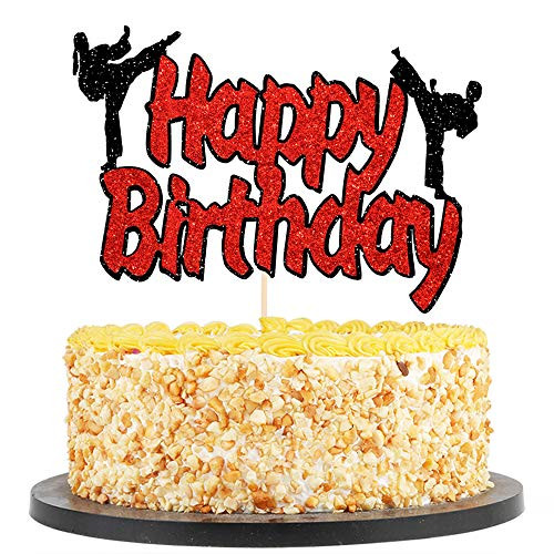 QIYNAO Karate Happy Birthday Cake Topper-Taekwondo Cupcake Toppers for Boys Girls Kids Baby Shower Wedding Birthday Event Party Supplies Glitter Cake Decorations?Black red Glitter?