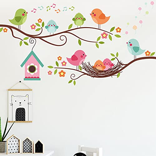Colorful Robin Bird Wall Decals- Lovely Birds Singing on The Tree Branch Wall Stickers- Tree Vines Birdhouse with Flowers Wall Stickers- Removable DIY Art Wall Decors for Kids Bedroom Baby Nursery