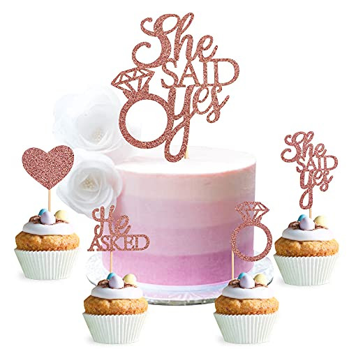 Ercadio 25 Pack He Asked She Said Yes Cupcake Toppers with She Said Yes Cake Topper Glitter Heart Ring Cupcake Picks for Wedding Engagement Bridal Shower Party Decorations Rose Gold