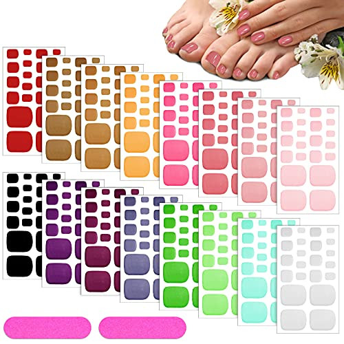 352 Pieces 16 Sheets Toenail Polish Stickers Adhesive Toe Nail Wraps Full Toe Nail Wraps Toenail Polish Strips DIY Toe Nails Manicure Decal with 2 Pieces Nail Files for Girls -Glitter Color-