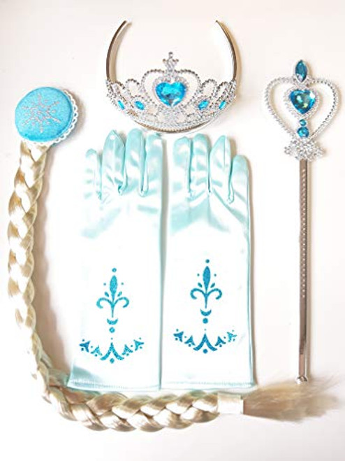 Princess Elsa Dress Up Party Costumes Accessories Set Gloves- Tiara- Wand and Braid- Lake Blue -Elsa4pcs- Princess Elsa Dress Up Party Costumes Accessories Set Gloves- Tiara- Wand and Braid- Lake Blue -Elsa4pcs-
