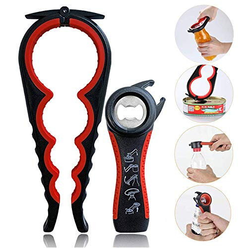 Jar Opener-Manual Can Opener-Bottle Opener Can Openers for Seniors with Arthritis-Weak Hands- 5-in-1 Multi Kitchen Tools Set for Children- Women and Seniors -RedPlusBlack-