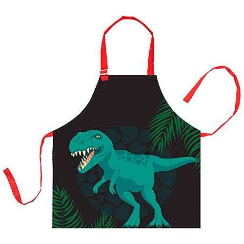 Nidoul Kids Apron- Adjustable Dinosaur Kitchen Chef Apron with Big Pocket- Girls Boys Bib Apron for Cooking Baking Art Painting Gardening -Green Dinosaur-2- 3-5 Years-