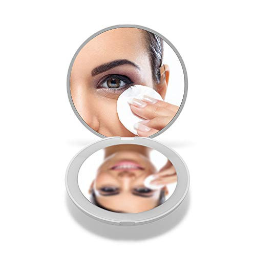 OMIRO LED Lighted Compact Mirror- 3½inch Mini 1X/10X Magnification Daylight Travel Makeup Mirror for Purses -White-