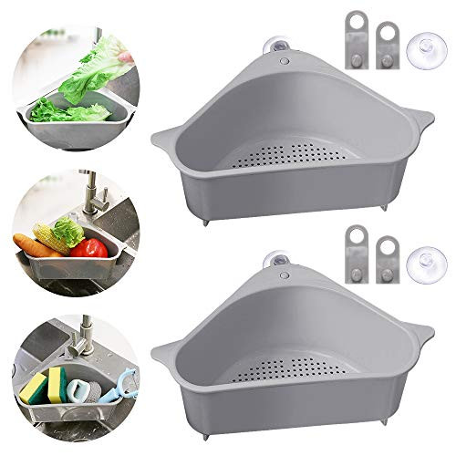 Outivity 2 Pack Sink Drain Shelf Triangular Sink Basket Storage Rack Sucker- Sink Sponge Holder for Kitchen Bathroom Support Corner-Grey