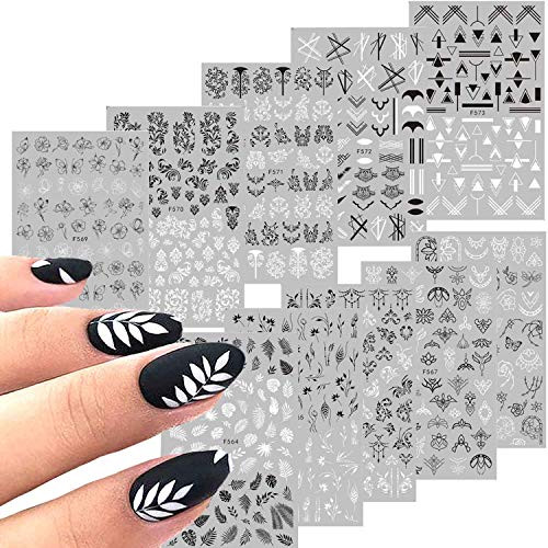 10 Sheets Black White Leaf Flower Line Nail Stickers Decals-3D Self-adhesive Retro Leaves Flowers Vine Geometry Line Nail Design For Acrylic Nails-DIY Nail Supplies Nail Decoration