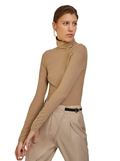 SweatyRocks Women's Turtleneck Ribbed Long Sleeve Slim Fit Stretch Basic T Shirt Tops Khaki XS