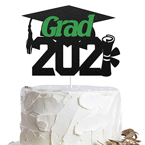 Grad 2021 Graduation Cake Topper Black Green Glitter Congrats Grad Cake Decorations Congratulations Class of 2021 Party Supplies