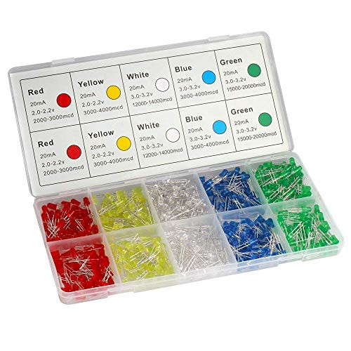 Chiloskit 500pcs 5 Color 5mm Red LED Light Emitting Diodes Assorted Diffused 2pin Round Color White/Red/Yellow/Green/Blue Kit (5mm(500pcs))