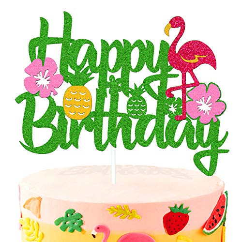 Flamingo Pineapple Cake Topper Hawaiian Luau Tropical Theme Happy Birthday Cake Decorations for Kids Boy Girl Birthday Party Supplies Green Glitter