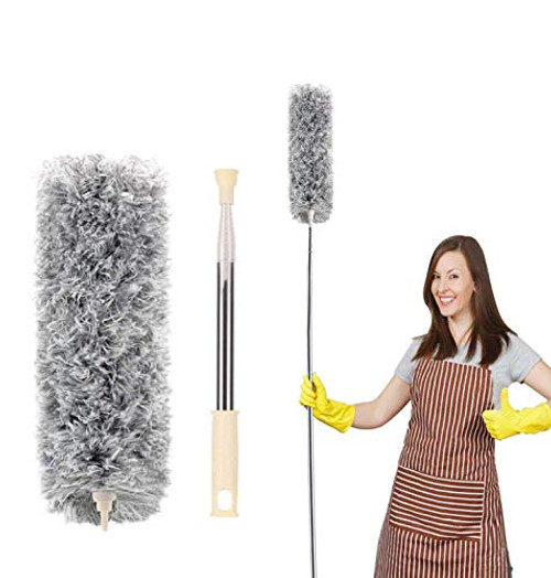 Microfiber Feather Duster- Duster Cleaning with 30-100 Inch Telescoping Extension Pole- Reusable Bendable Washable Lightweight Dusters for Cleaning Cobwebs Ceilings Fans- Furniture  and  Cars- Gray.