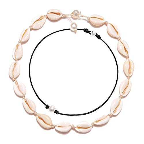 Cowrie Shell Necklace for Women-Puka Shell Necklace Conch Shell Anklet Hawaiian Seashell Pearls Choker Set