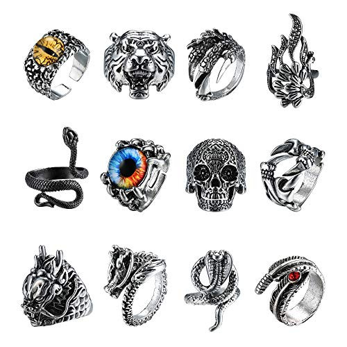 LOYALLOOK 9-16PCS Vintage Punk Rings for Men Skull Octopus Cobra Snake Dragon Claw Open Rings Adjustable Cool Gothic Stackable Ring Set Jewelry