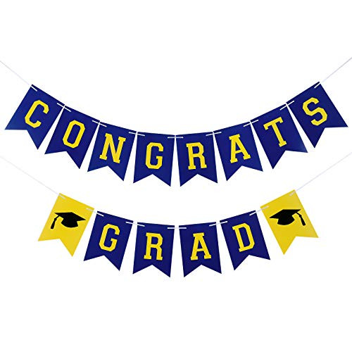 Blue  and  Yellow Congrats Grad Banner for Graduation Decorations 2021- Graduation Banner for Graduation Party Supplies 2021- Congrats Grad Sign for 2021 Graduation Decorations