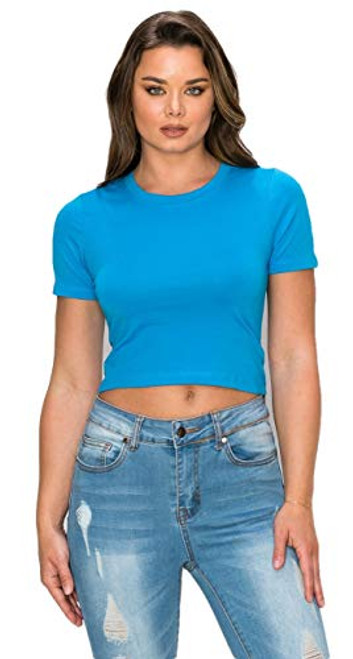 GLASS TWO Women's Crop Top - Short Sleeve Crewneck Casual Basic Slim Fit Summer Solid Cropped T Shirt Tee GT180 Turquoise L